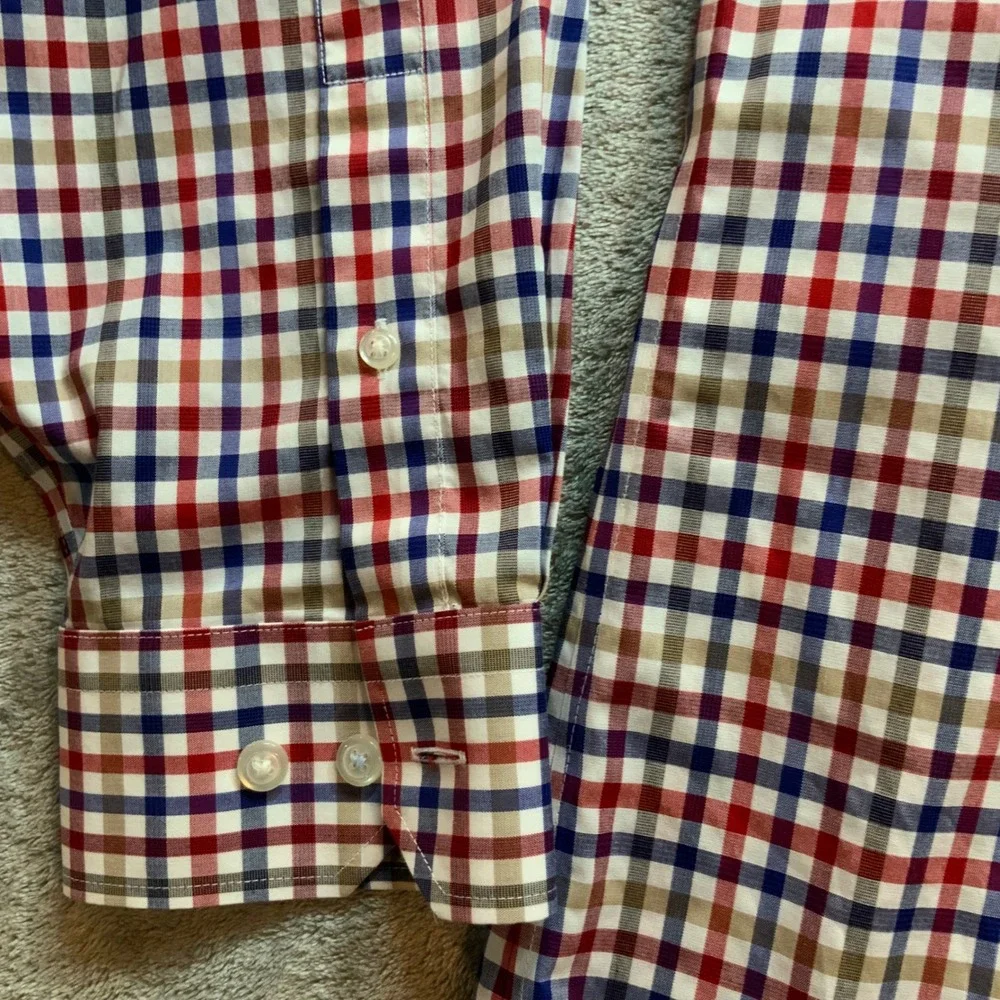 Banana Republic Grant Fit Shirt Mens Large Red Blue Gingham NoIron Stretch Shirt